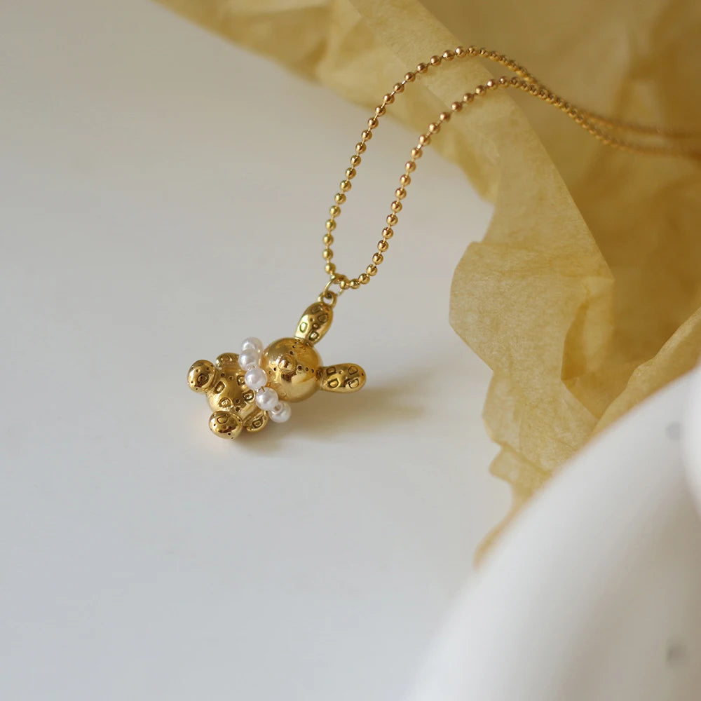 Cute Rabbit Animal Necklace Jewelry 18k Pvd Gold Plated Bead Chain Necklace Pearl Gold Bunny Stainless Steel Necklace