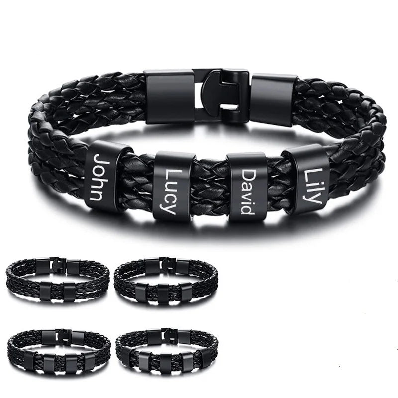 Lettering Name Customizable Wrist Band Three Layer Braided Leather Bracelet Stainless Steel Lettering Charm Bangles