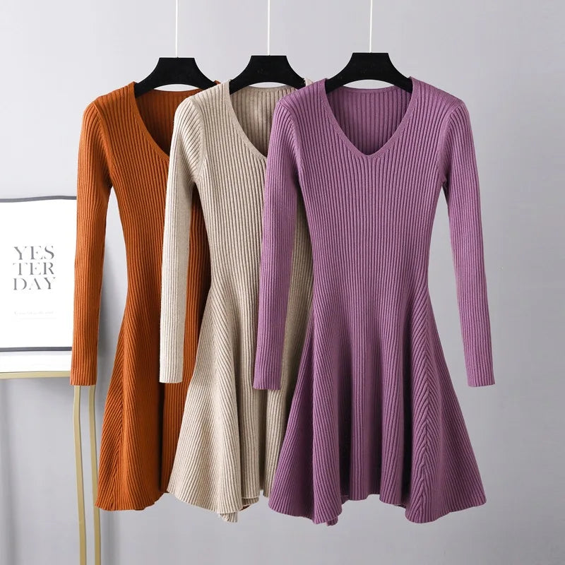 Autumn and Winter New Sweater Bottoming Knitting Women Waisted A-Line Casual Dresses