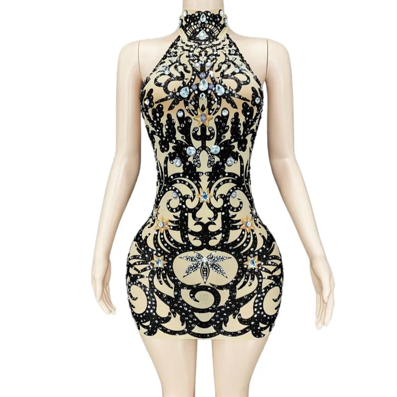 Vintage Pattern Perspective Halter Backless Rhinestone Club Casual Dresses Sexy Bodycon Evening Mini Dress Women Prom Dress
