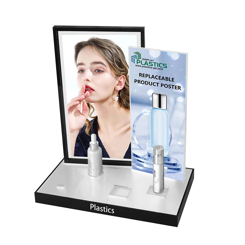 Luxury Double Backboard Acrylic Makeup Display Rack with Changeable Graphic Panel & Printed Logo Bottom Beauty Product Showcase