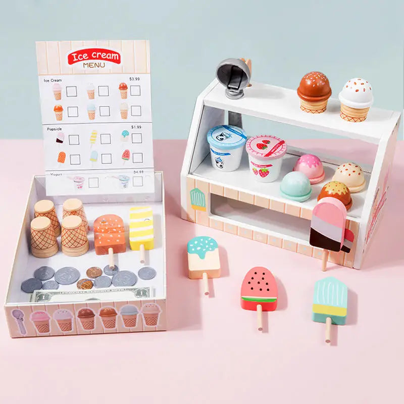 2025 New Trends Custom Children Wooden Role Play Pretend Ice Cream Cart Educational Grocery Stall Cashier Kitchen Toys for Kids