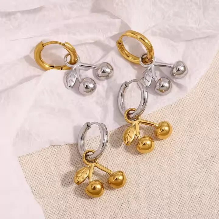 JUSNOVA Mix Color Gold Silver Cherry Huggies Earrings 18k Gold Plated Jewelry Stainless Steel Earrings