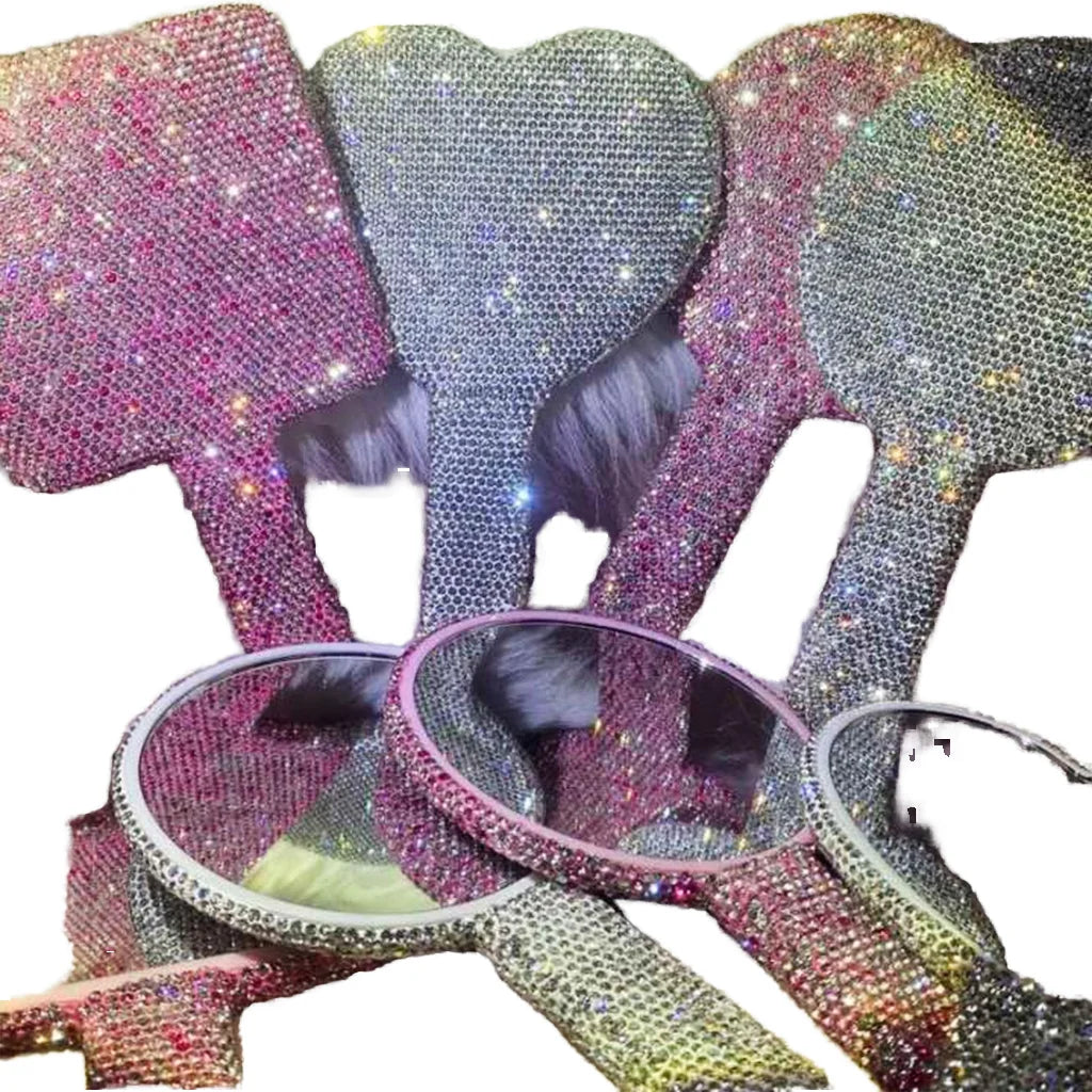 Wholesale Custom Bling Design Heart Square Makeup Mirror Diamond-Studded Handheld Plastic with Multicolor Logo Box Packing