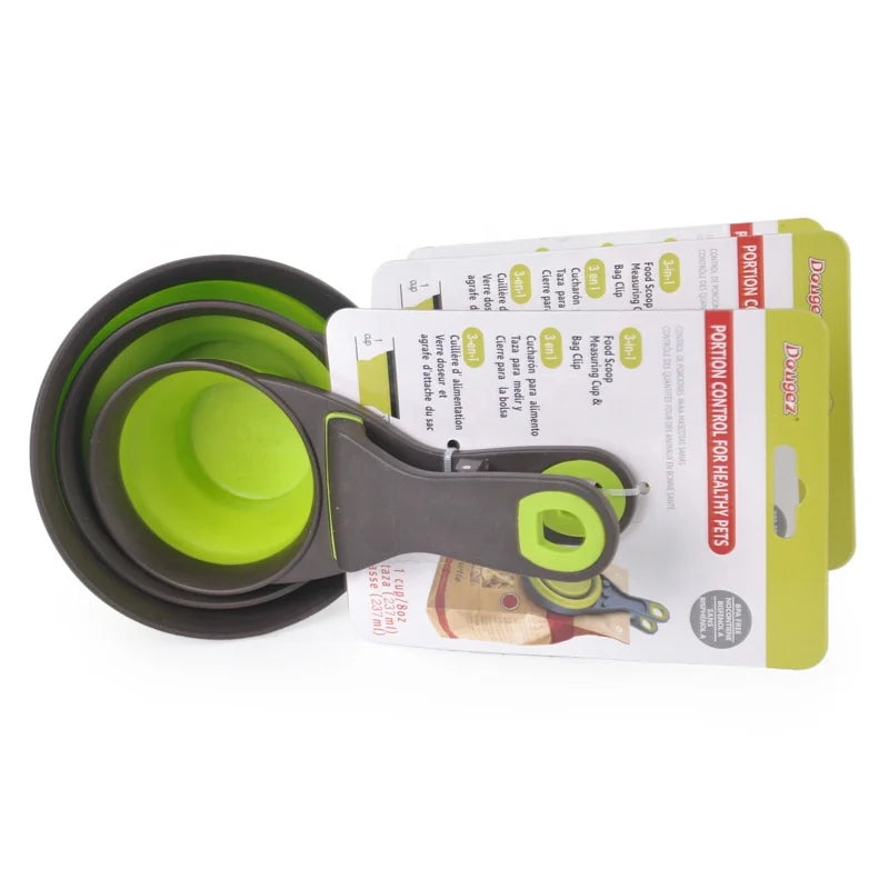 Pet Scoop Silicone Measuring Cups Set Sealing Clip 3 in 1 Multi-Function Scoop Bowls Bag Clip for Dog Cat Food Water Set of 2