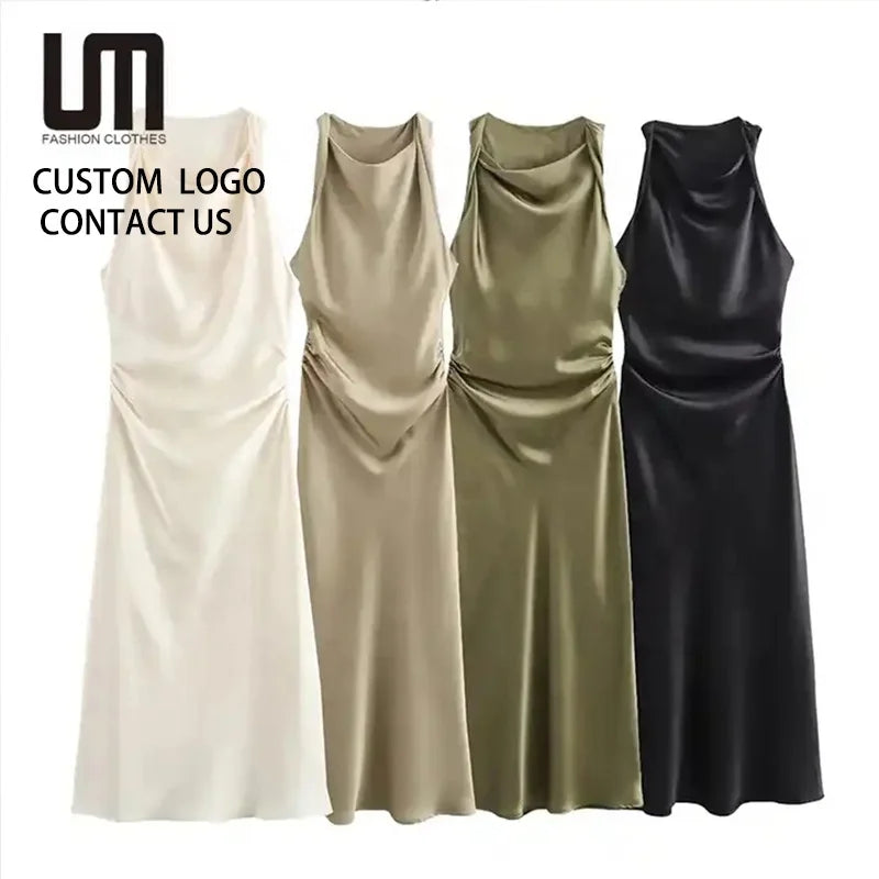 Clearance Sales Elegant Women Satin Slim Long Dress Sexy Sleeveless O Neck Sustainable OEM Service Latest Products