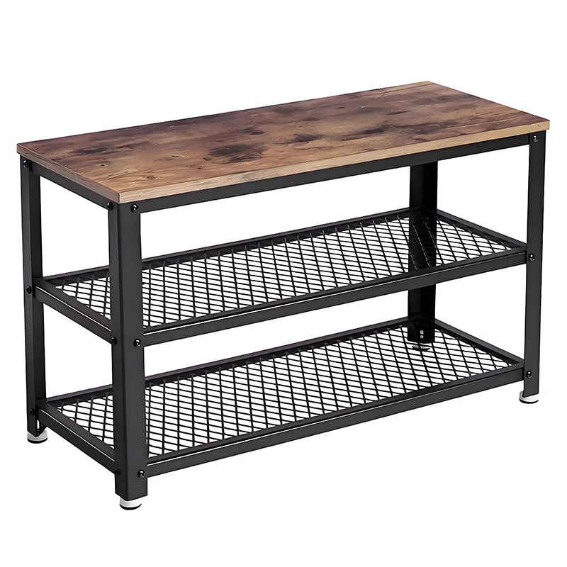 Vintage Wooden Top 2 Layers Shoes Stool for Home Living Room Shoe Rack Bench Metal Shoe Rack Storage Organizer