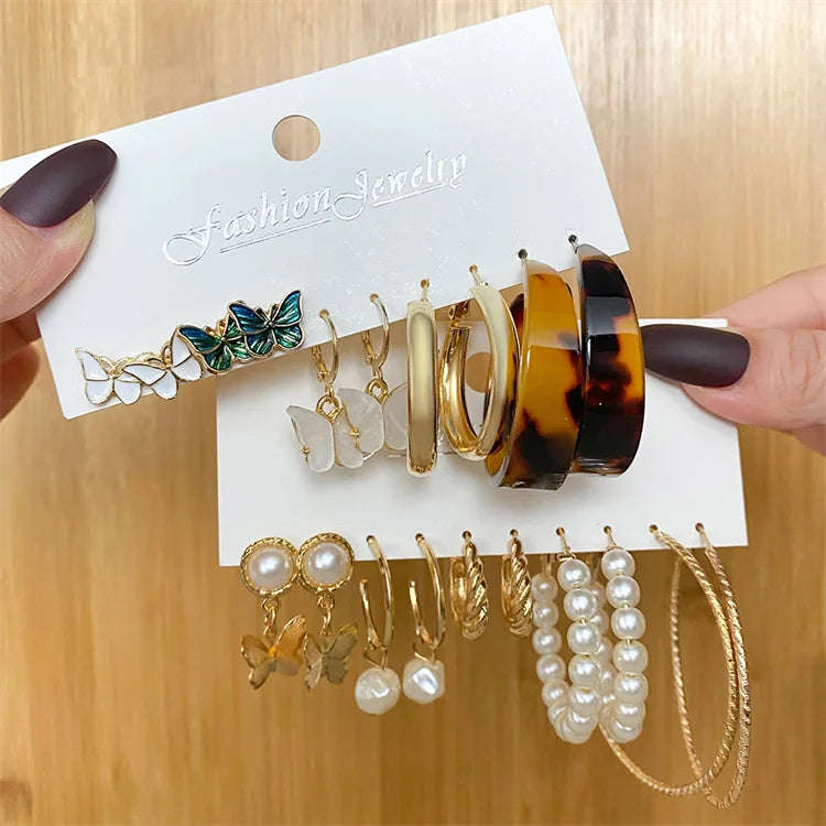 VKME Bohemian Gold Snake Butterfly Tassel Charms Earrings Set Mixed Pearl Acrylic Leopard Dangle Pack Stud Earrings Set
