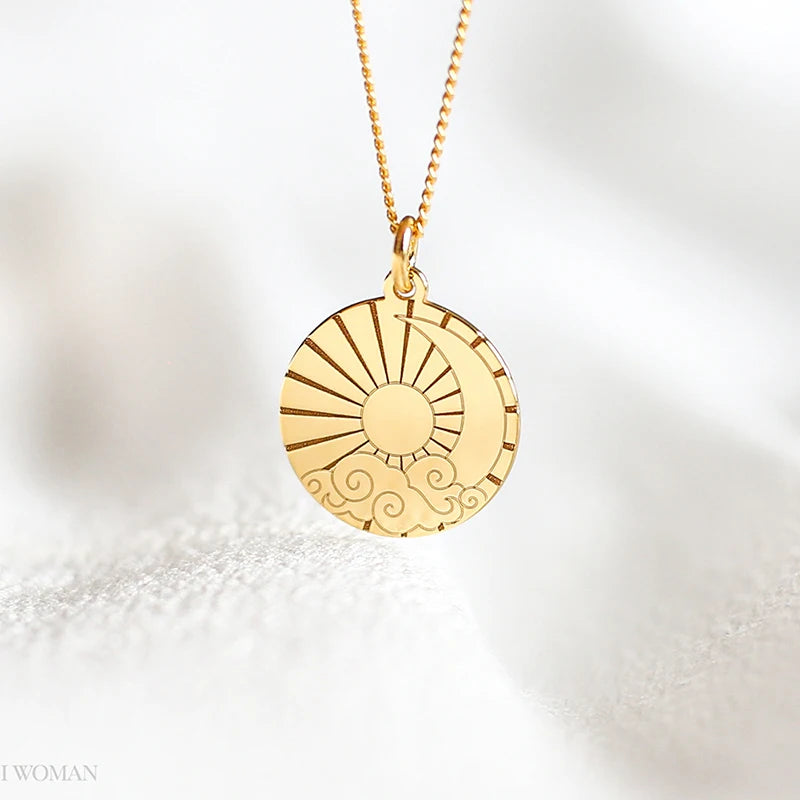 Minimalist 18K Gold Plated Sun and Moon Engraved Coin Pendant Necklace Waterproof Gold Necklace for Women Girls