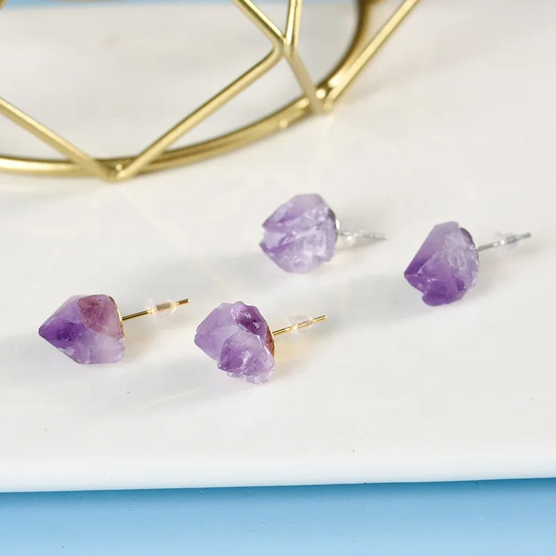 Wholesale Natural Stone Crystals Healing Jewelry Small Amethyst Cluster Crystal Stud Earrings