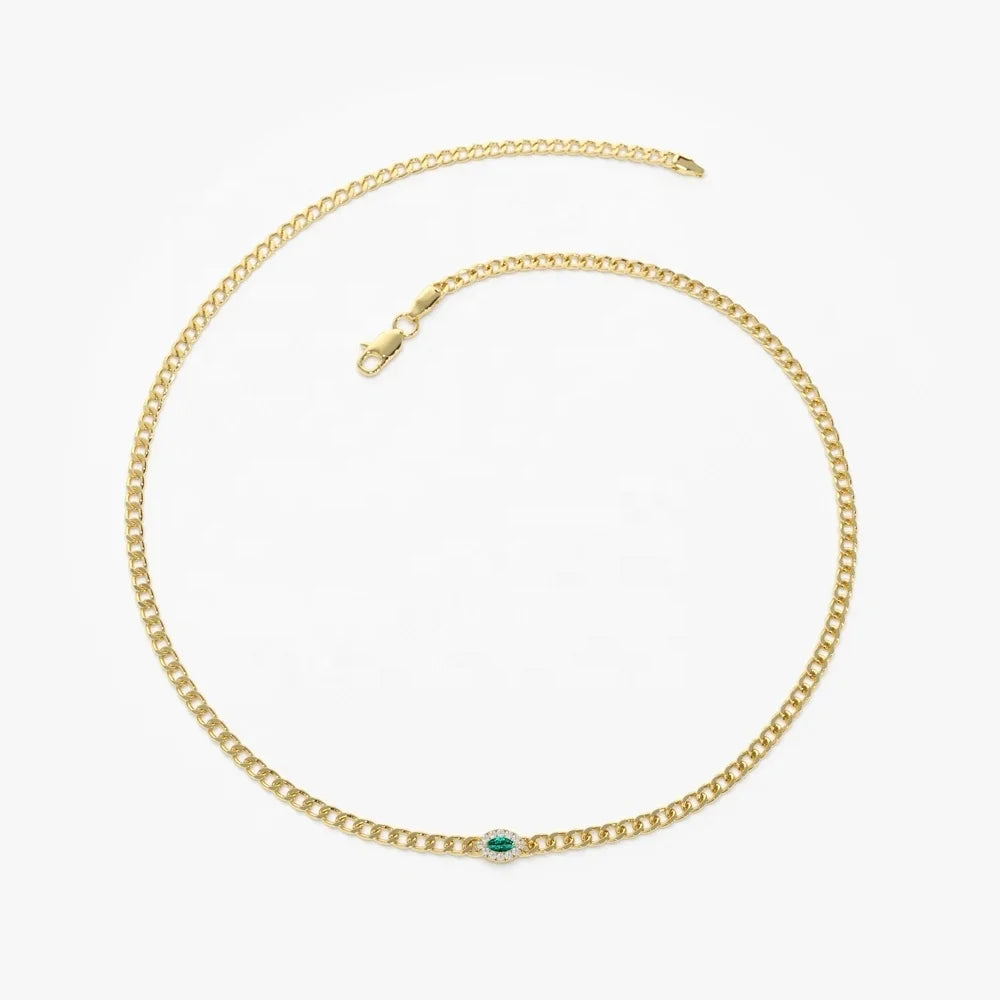 LOZRUNVE 925 Sterling Silver Pave Diamond CZ Emerald Evil Eye Marquise 3MM Curb Chain Bracelet Women