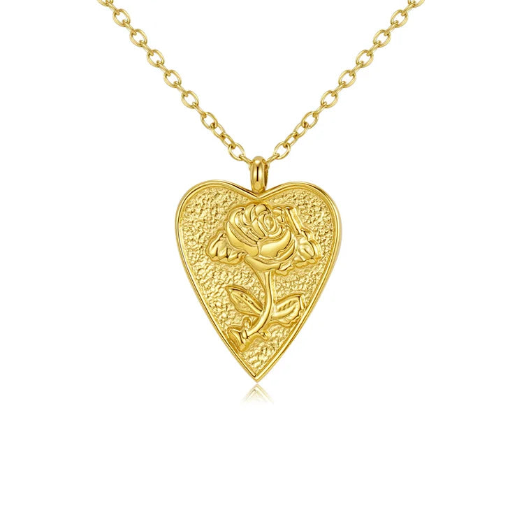 Dainty Women Necklace Stainless Steel Rose Flower Necklace Heart Charm Pendant