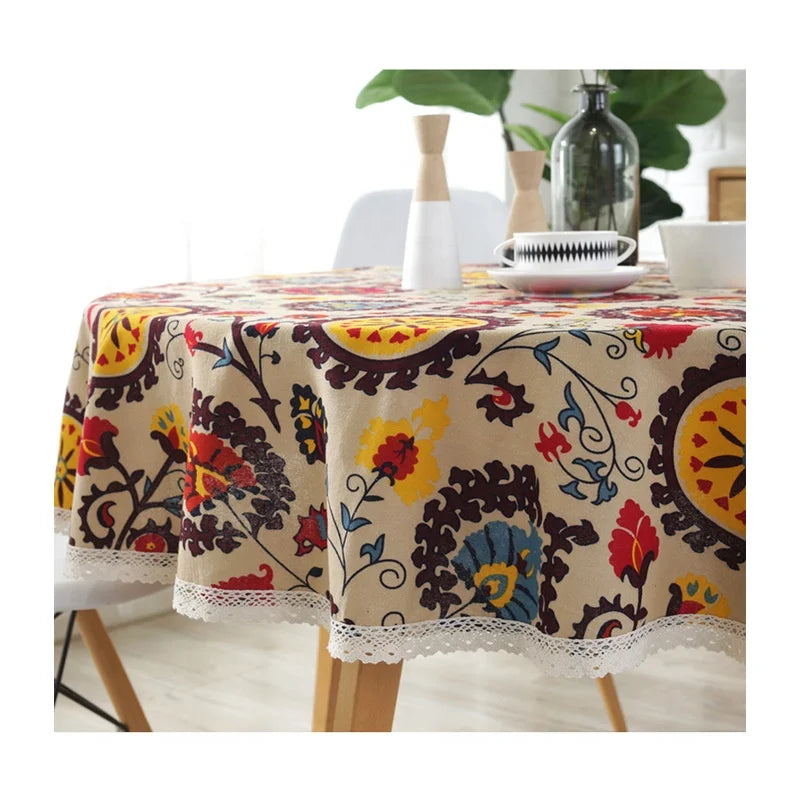 Wholesale Round Table Cloth Washable Printed Mandala Floral Lace Trim Edge Table Cloth