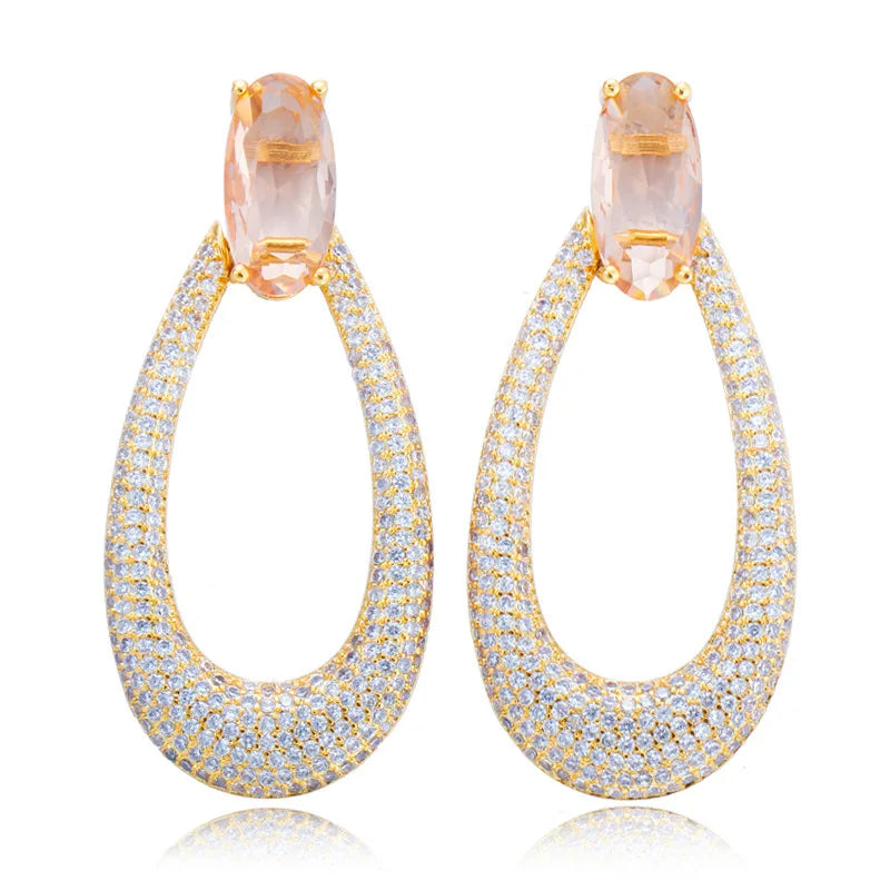 Factory Direct E0276 New High-End AAA Zircon Geometric Drop Hollow Ear Jewelry Gold Charm Hoop Earrings for Parties