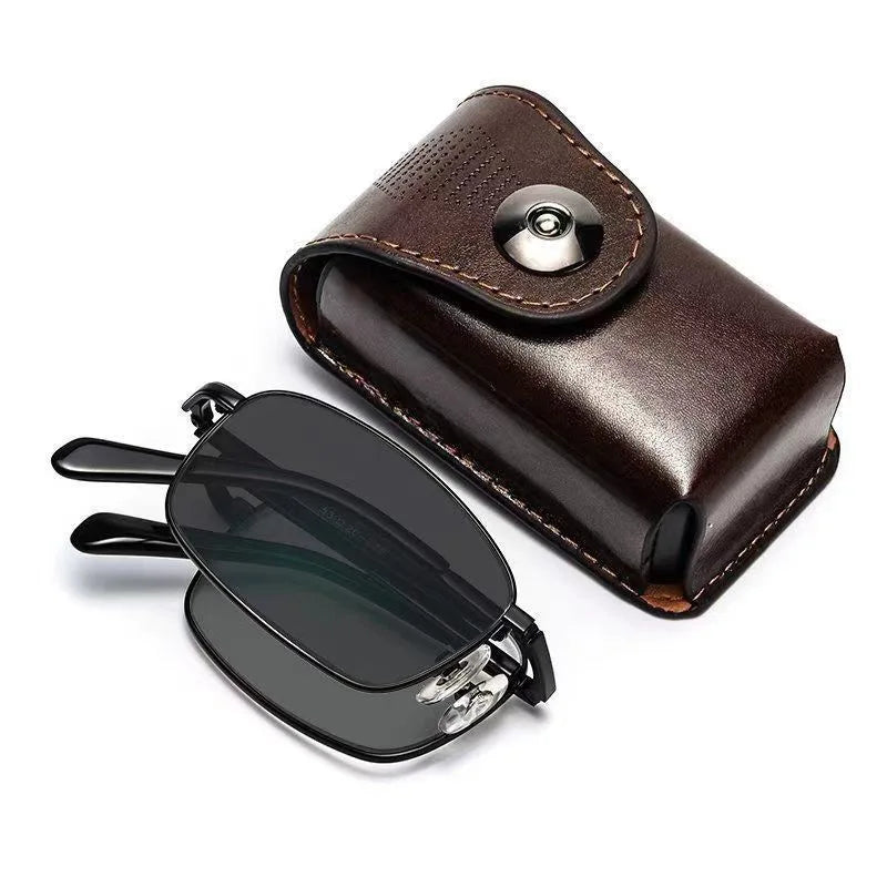 MK24012505 New Metal Folding Photogray Reading Glasses Square Portable Foldable Blue Light Blocking Progressive Lens With Case