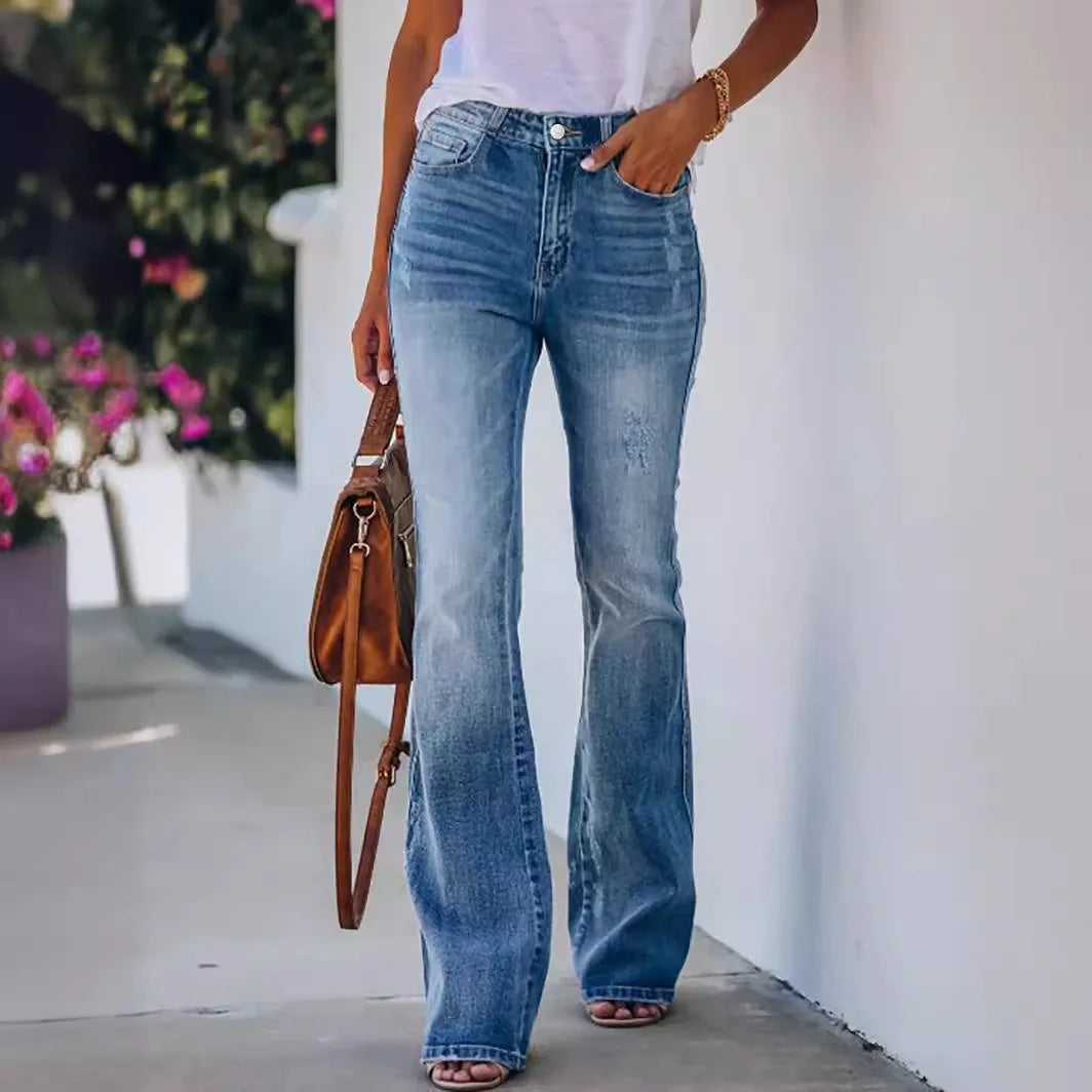 Women's Slimming Mid Waist Pull-On Denim Trousers Popular Elastic Micro Flared Skinny Pants with Solid Pattern Breathable Jeans