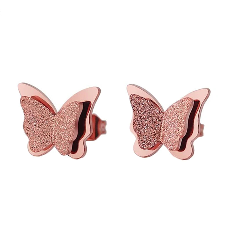Korean Style Non Tarnish Silver Rose 18K Gold Plated Women Stainless Steel Butterfly Wing Stud Earrings Jewelry