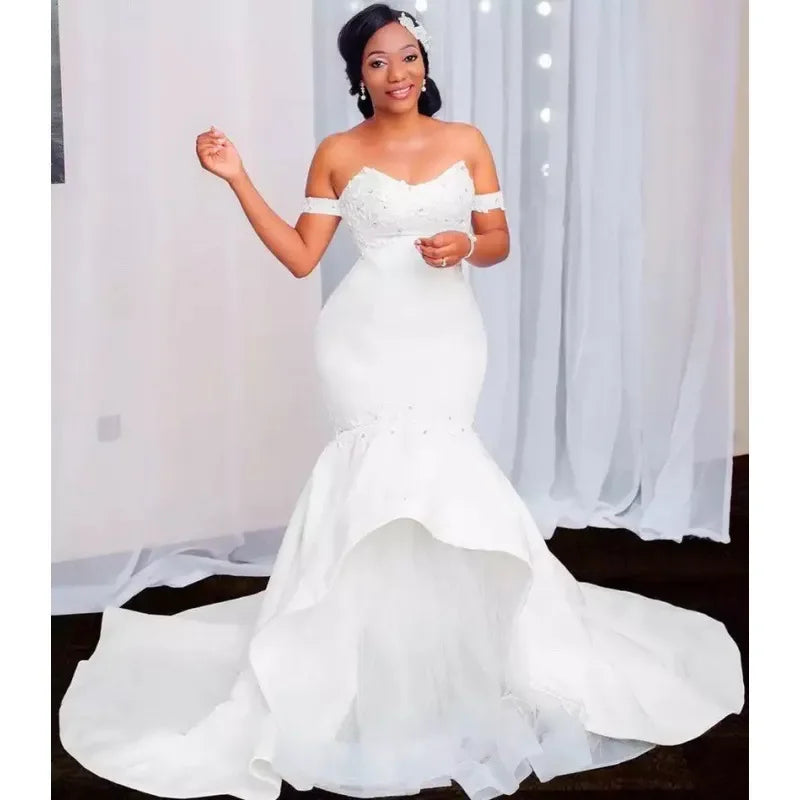 New Ruffle Mermaid Wedding Dress Lace Beads Pearls Off Shoulder Long Train Trumpet Bridal Gown Custom Made
