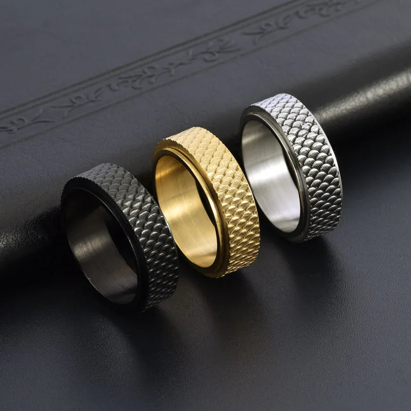 Latest Stress Relieving Fidget Jewelry Stainless Steel Rotatable Anxiety Ring Cool Fish Scale Spinning Band Unisex Finger Ring