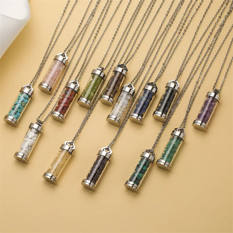 MIENTER Crystal Stone Perfume Bottle Necklaces Crushed tiger Eye Amethyst Turquoise Stones Necklace