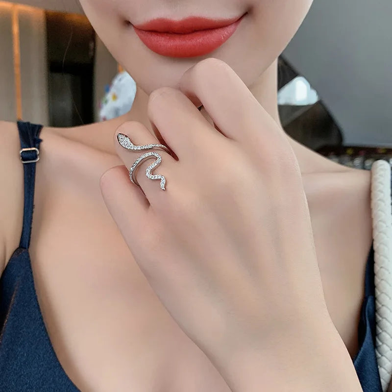 DAIHE INS Style Fashion Open Adjustable Silver Snake Ring Ladies Diamond Zircon Knuckle Ring