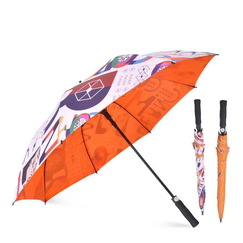 Rain Sun Protection Company Branding Custom Printing Golf Umbrella Double Layer Uv protection  Branded Golf Umbrella Windproof