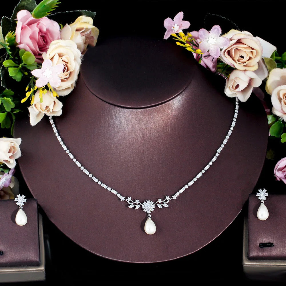 White Three-dimensional Flower Wedding Pearl Necklace Earring Set