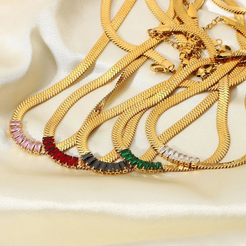 18k Gold Plated Stainless Steel Jewelry Herringbone Rectangular Flat Snake Colored Zirconium Blade Chain Necklace For Women
