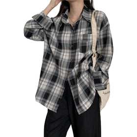 2023 New Loose Brushed Long-Sleeved Shirt Coat Oversize Korean Checked Shirt for Women