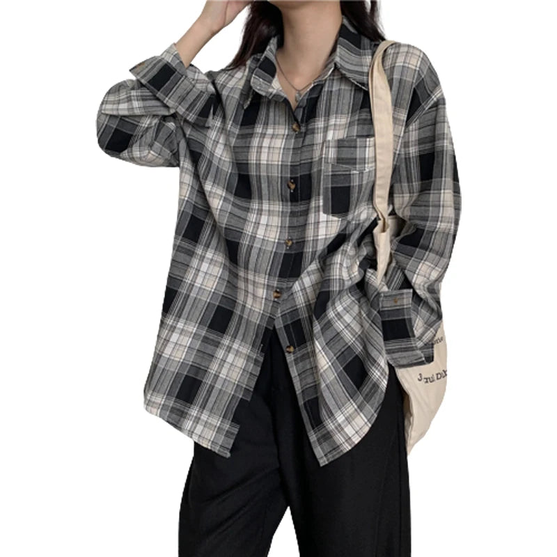2023 New Loose Brushed Long-Sleeved Shirt Coat Oversize Korean Checked Shirt for Women