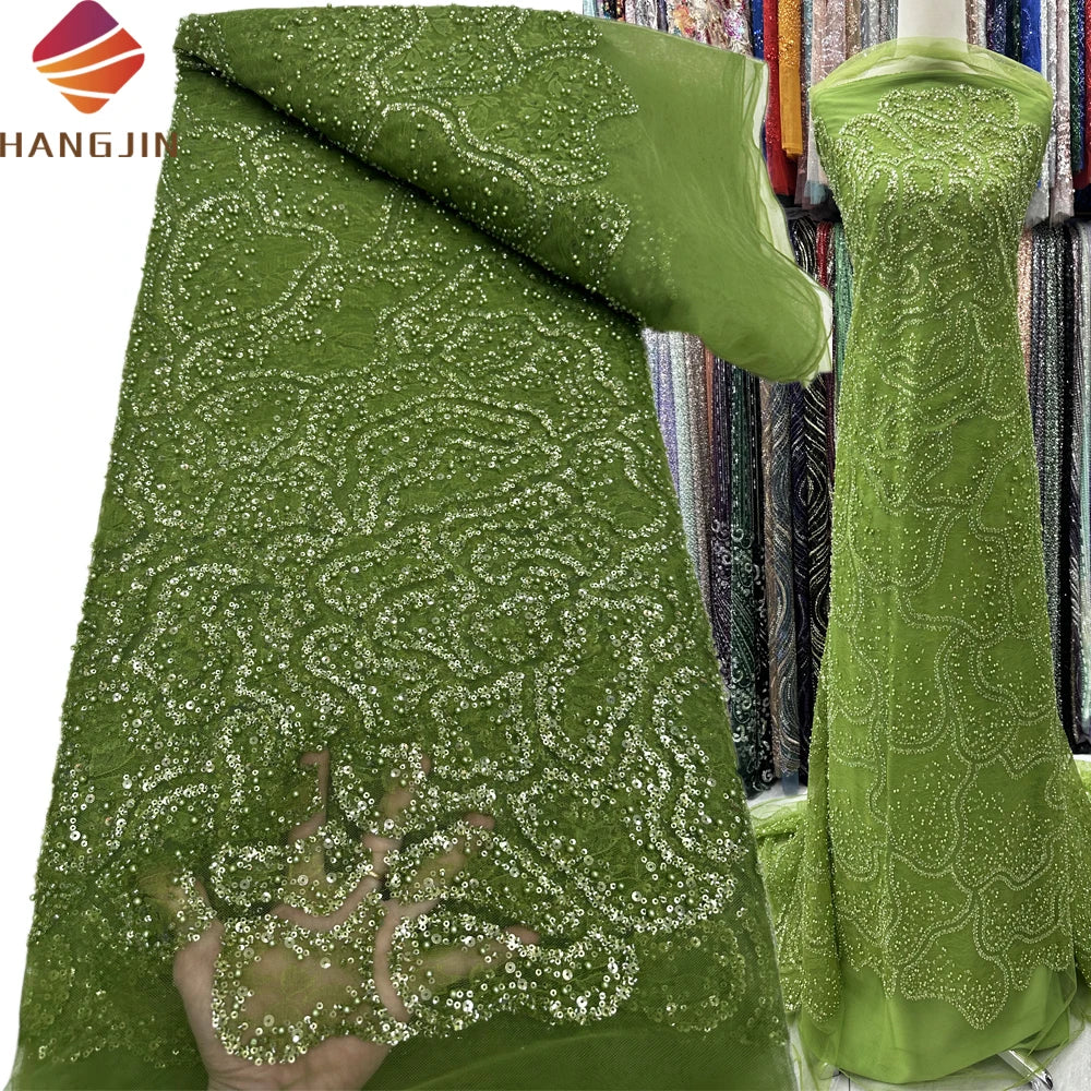 Green Handmade Wedding Beaded Pearl Lace Fabric French Tulle Mesh Luxury Embroidered Sequence Lace Fabrics for Bridal Party