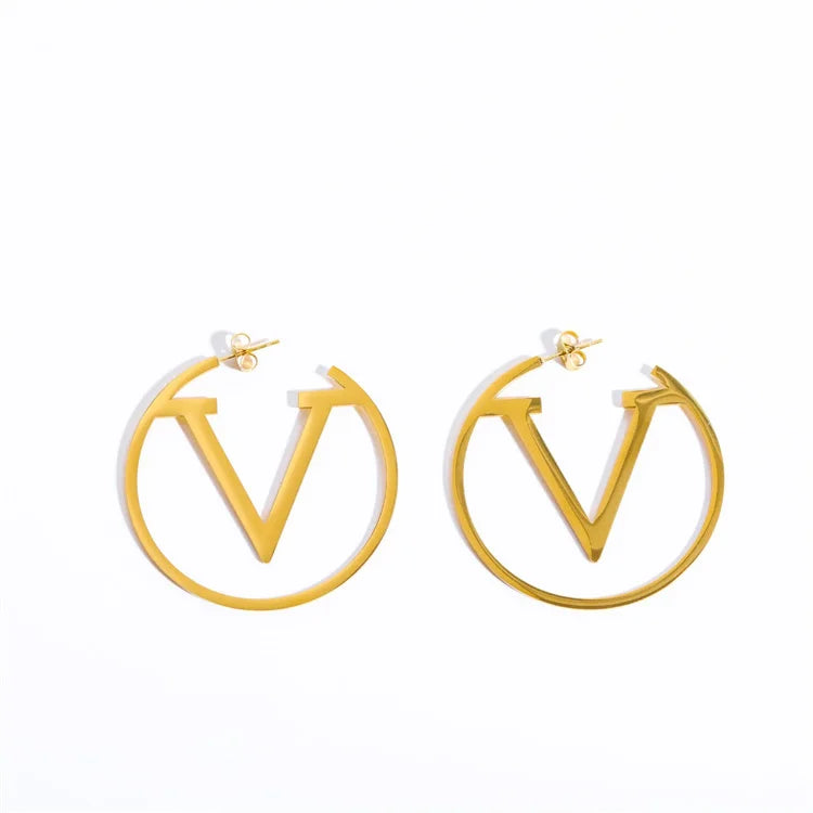 Vintage Stainless Steel 18k Gold Plated Letter V Hoop Stud Earrings for Women
