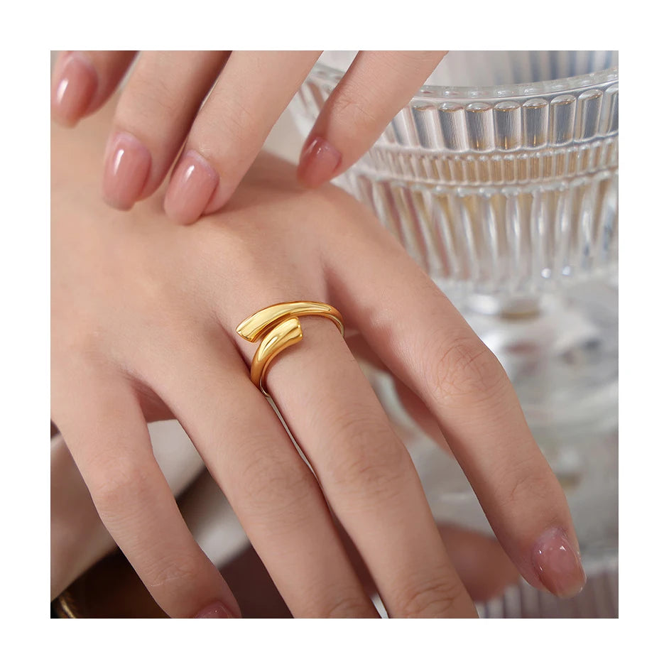 ERESI Hot Selling Waterdrop 18K Gold Plated Stainless Steel Rings for Girls Minimalist Creative Cross Open Rings Jewelry Women
