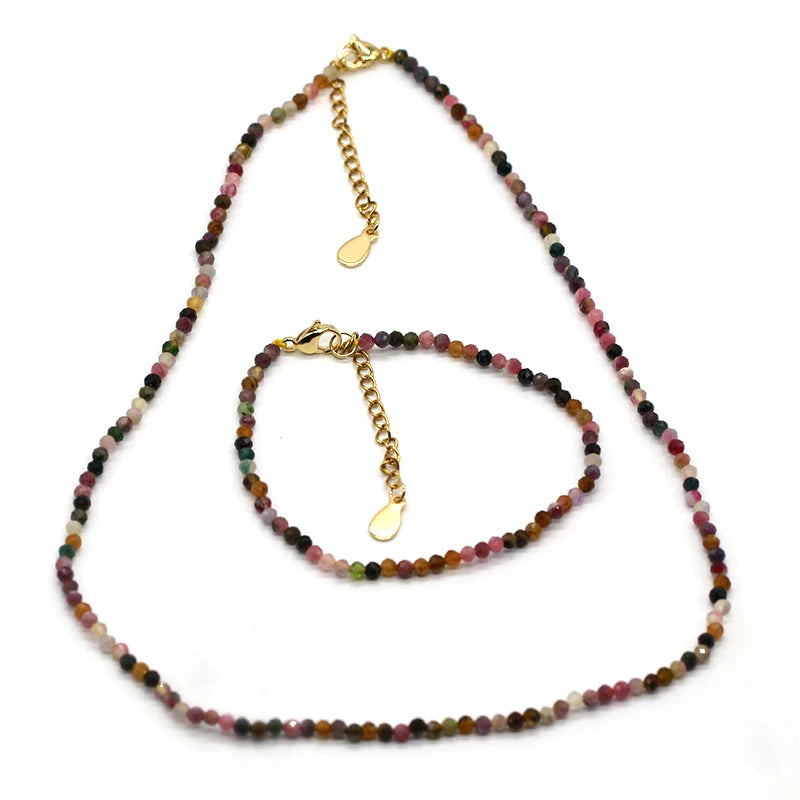 Girls Necklace Bracelet Set Wholesale 3mm Faceted Natural Gemstone Colorful Tourmaline Stone Necklace