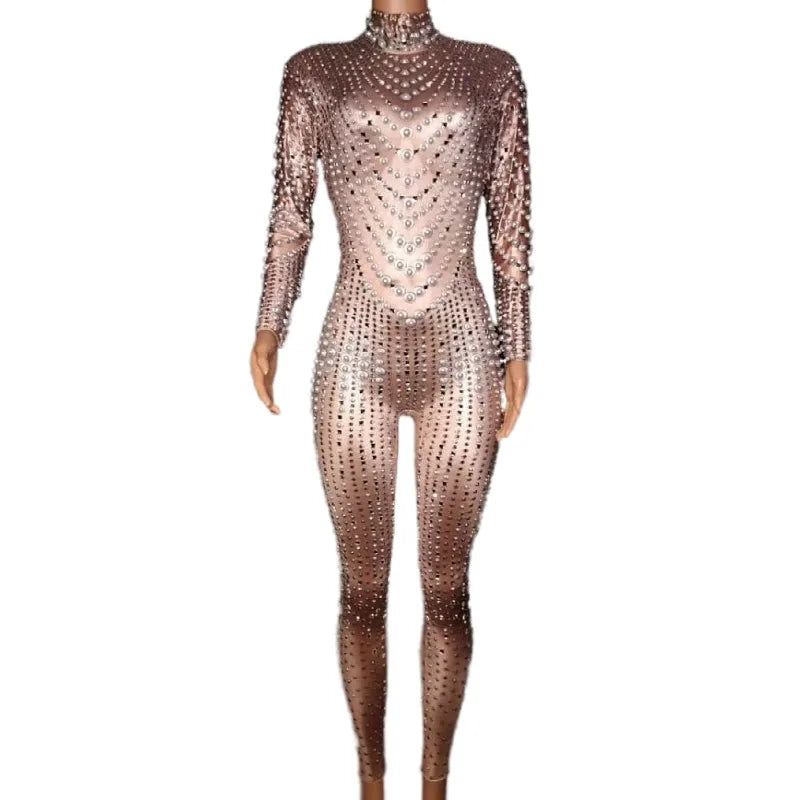 Luxury Stretch Skinny Long Sleeves Rhinestones Pearls Bodysuits Lady Sexy Pole Dance Leotard Women Club Prom Jumpsuits Playsuits