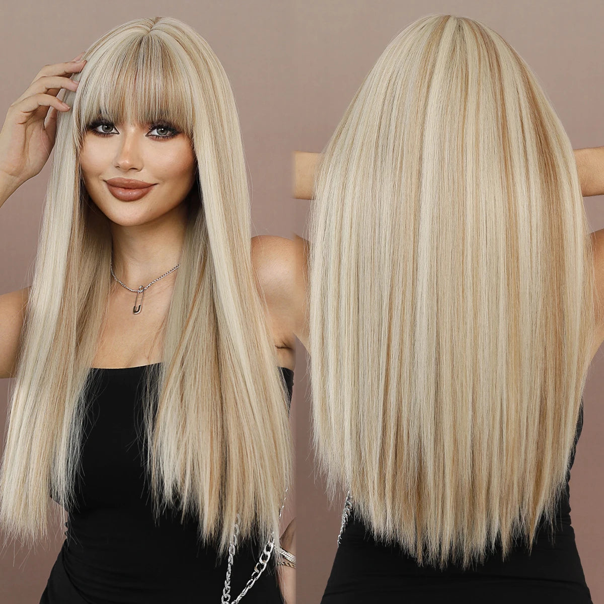 26Inch Long Straight Wig With Bangs Blonde Heat Resistant Light Brown Highlight Ombre Synthetic Wig Natural Looking Peluca Rubia