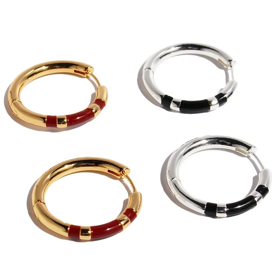 Premium Brass Electroplated Gold and Platinum Black Red Enamel Medium Hoop Earrings Women Jewelry Customized