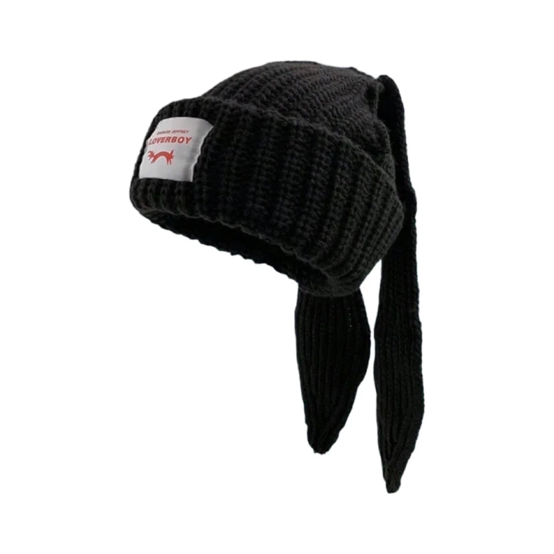 Y2K Style Rabbit Long Ears Hat Cute Skull Beanie Hat Knit Wool Felt Cap Warm Slouchy Crochet Hat