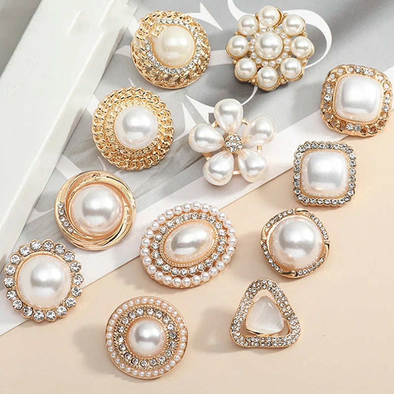 22mm Fashion Gold Metal Plating Oval square Round Flower Shaped Shank Decorative Pearl Rhinestone Buttons for Ladies Clothes