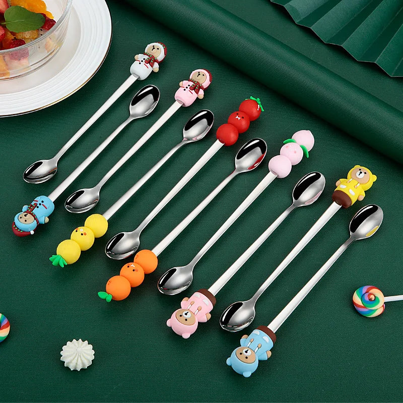 304 Stainless Steel Ice Spoon Cute Cartoon Silicone Doll Head Metal Cutlery Coffee Stirring Spoon