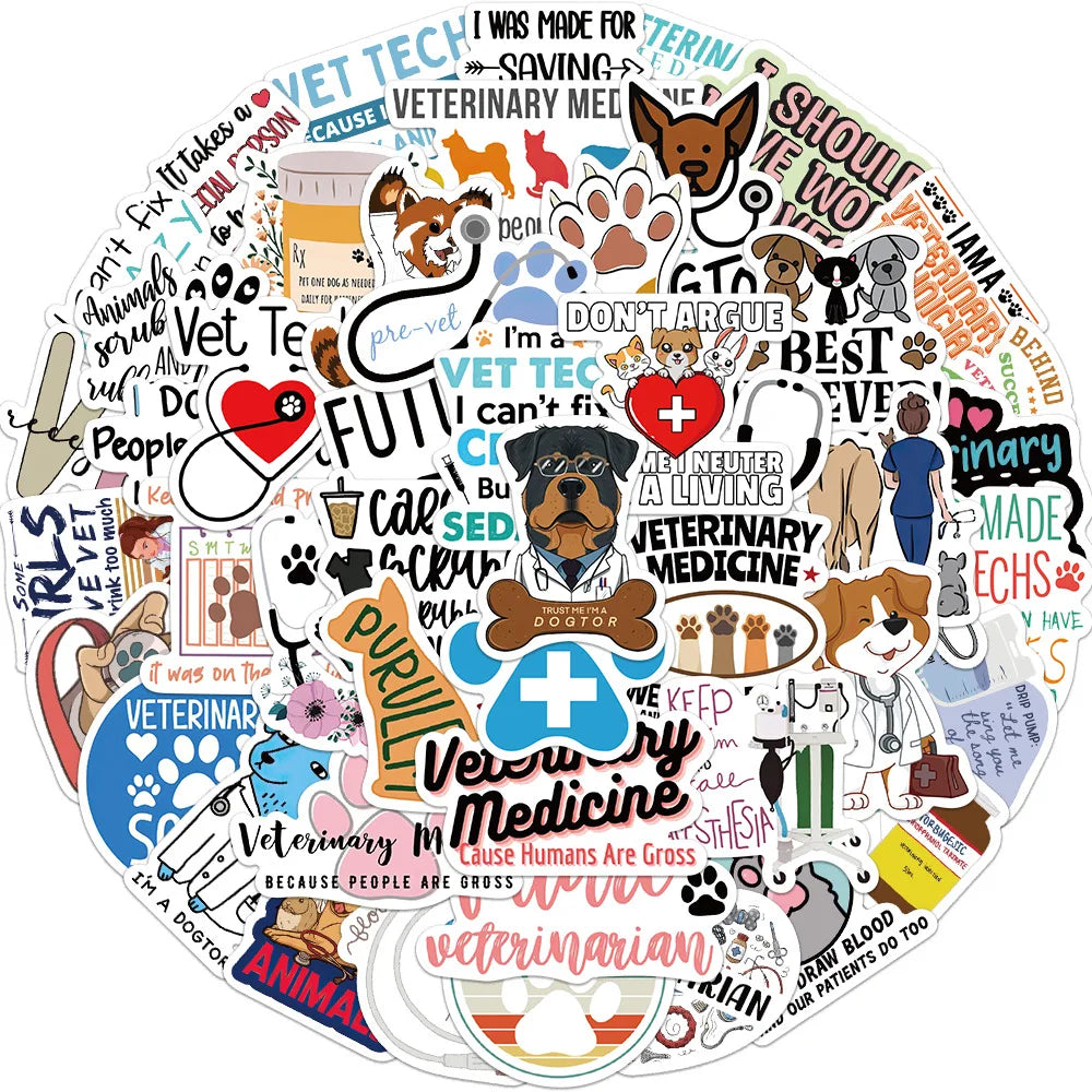 50Pcs Cartoon Veterinary Animal Medicine Graffiti Stickers for Car Laptop Waterproof Vinyl VET Doctor Sticker
