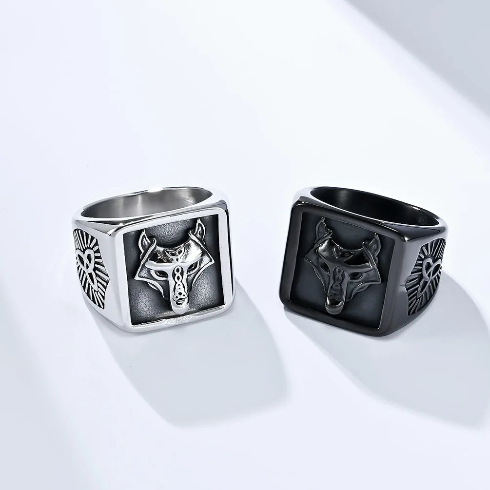 Stainless Steel Eternal Knot Symbol Signet Ring Vintage Printed Wolf Ring Nordic Viking Men Jewelry