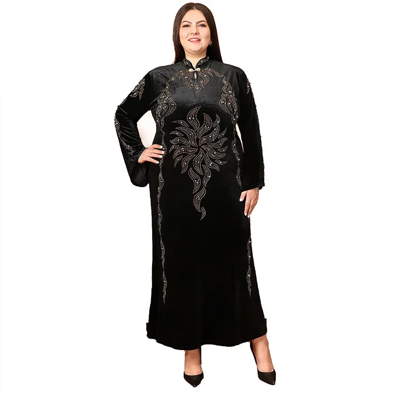 Wholesale Custom Velvet Rhinestone Dress Slim-fit Long Robe Dress Plus-size Robe for Overweight Women