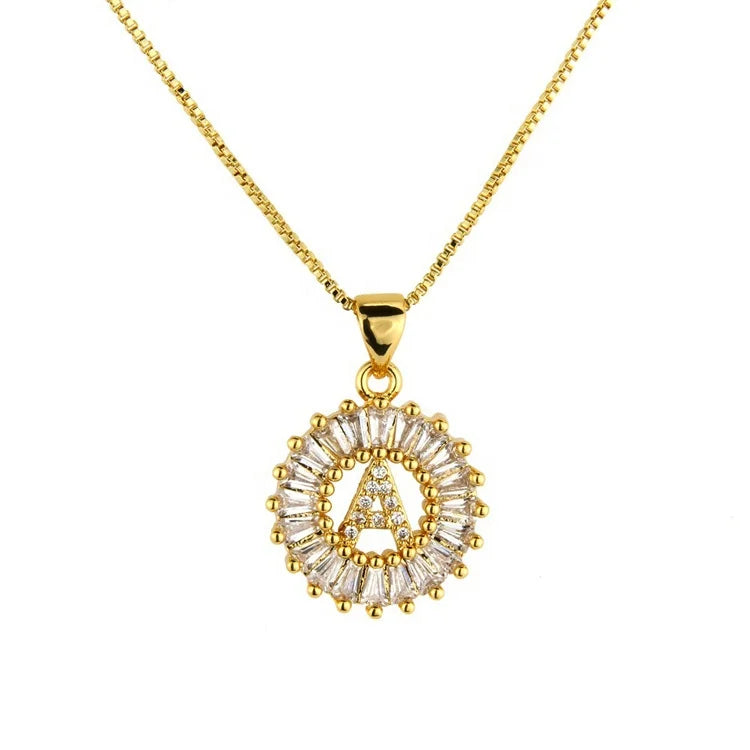Initial 26 Letters Trendy 18K Gold Plated Cubic Zircon Name Charm Wedding Party Pendant Necklace