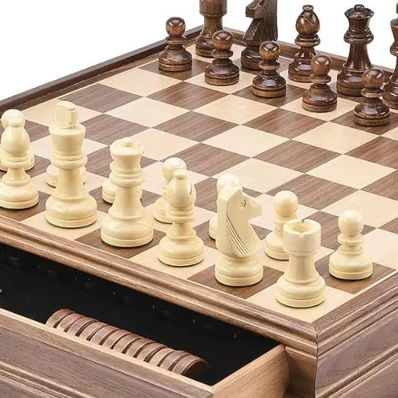 2 in 1 Antique Wooden Chess and Checkers Playing Game Set Tunisian Luxury Walnut Wood Chess Board with Drawer Staunton Chess Set