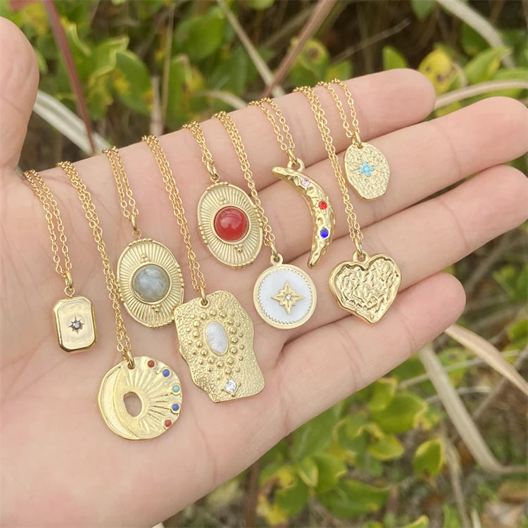 New trendy geometric irregular moon pendant personalized stainless steel gold plated zircon necklace
