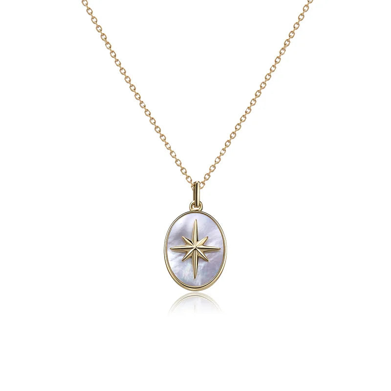 INS Women's 18K Gold Stainless Steel Pendant Necklace North Star Natural Oval White Shell Parties Engagements Anniversaries