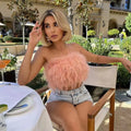 Ladies Cropped Wraps Zipper Sleeveless Bustier Corset Top Fur Strapless Ostrich Feather Top