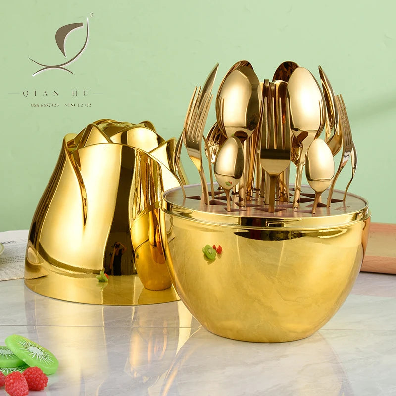 Qian Hu 2025 410 Stainless Steel 24-Piece Cutlery Set Graceful Gold Silver Lattice Rose Shaped Western Tableware Includes Coffee