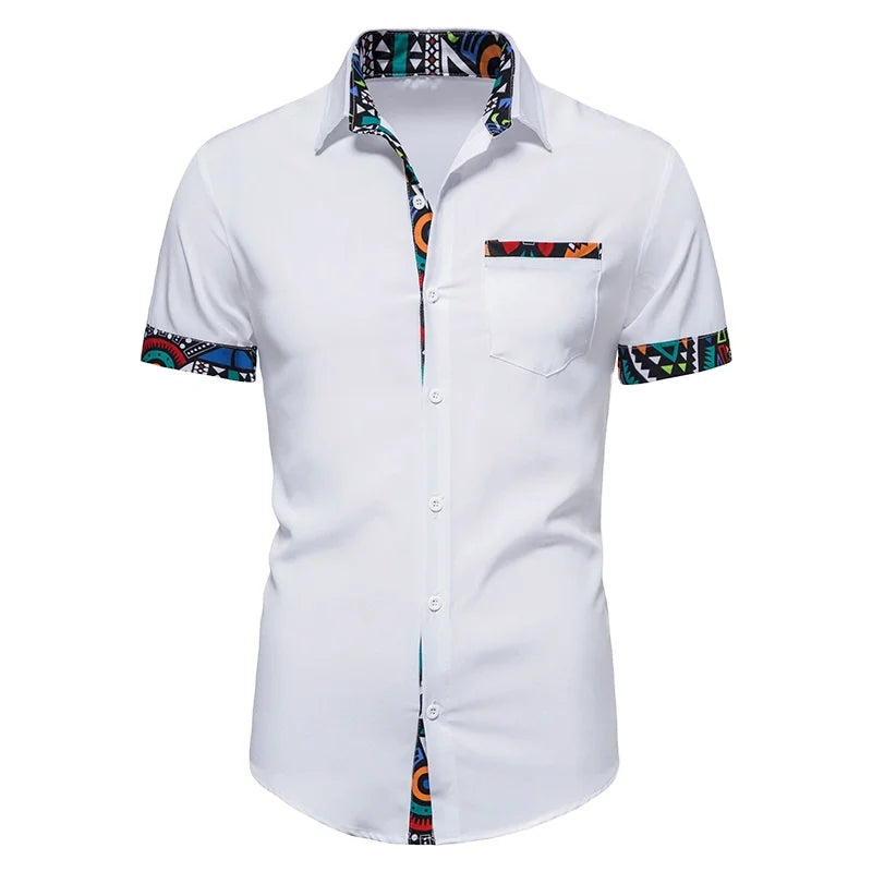 S-XXL Summer New Men's African Print Panel Design Short Sleeve Button Shirt Men's Casual Shirt